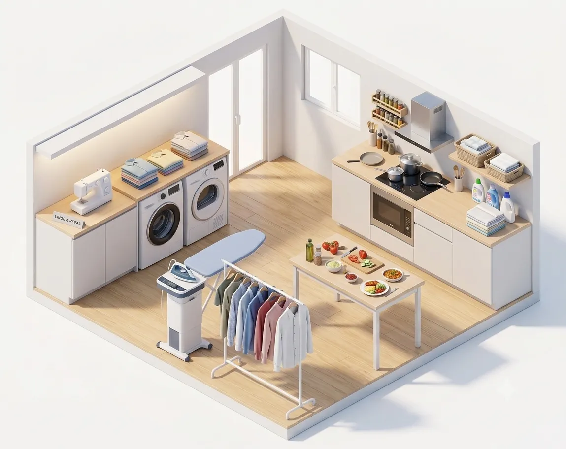 Illustration 3D Linge, Repassage et Cuisine